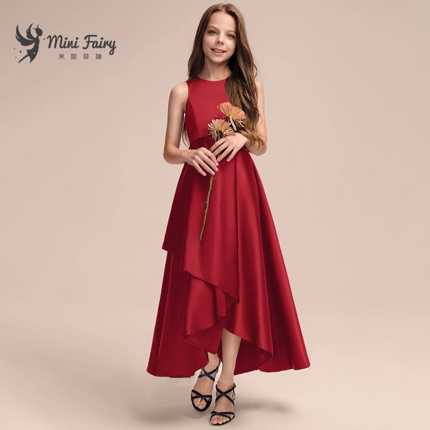 女儿童钢琴考级比赛洋气红色小提琴演奏礼服裙前短后长缎面公主裙