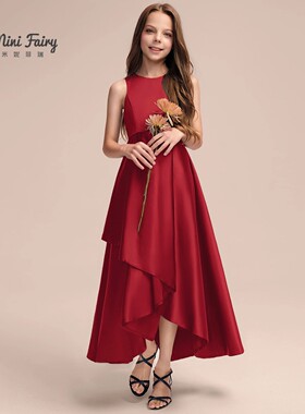 女儿童钢琴考级比赛洋气红色小提琴演奏礼服裙前短后长缎面公主裙