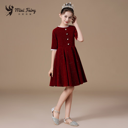 女童红色喷金绒面儿童礼服公主裙