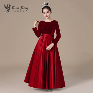 秋冬红色女童公主裙中大童长袖丝绒钢琴演出服元旦小提琴合唱礼服