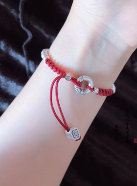 999足银招财纳福平安扣红绳手链女情侣款红绳礼物六字真言本命年