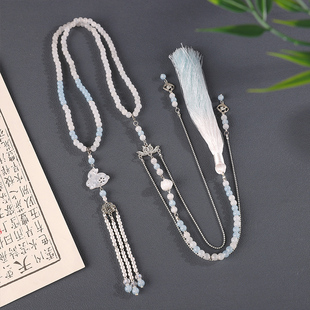 【玉兔】新中式浅蓝项链古风璎珞背云长流苏马面裙旗袍汉服配饰品