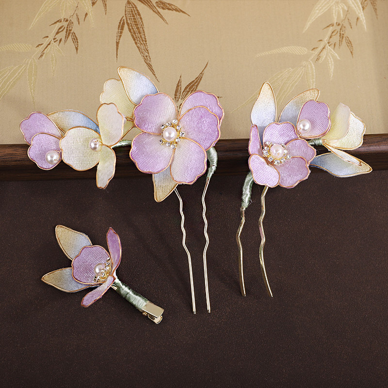 新中式手工晕染纱花鸭嘴夹淡紫色温柔古风旗袍写真轻量化头饰全套