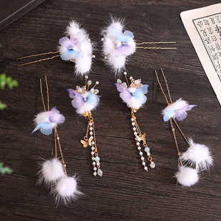 可爱超仙冬季唯美国风雪蝶毛球对夹女童发饰旗袍汉服发夹头饰