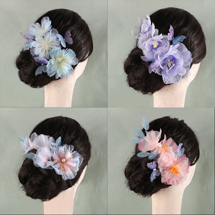 新中式古风发饰百搭气质绢花绢纱烫花发夹边夹复古宫廷汉服配饰女