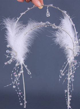 汉服懒人发箍头饰女古风仙气发冠羽毛白色古装新娘配饰森系发饰