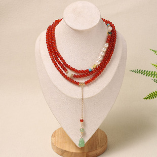 仿红玛瑙琉璃珠中国红多圈璎珞项链百搭新中式汉服马面裙男女款