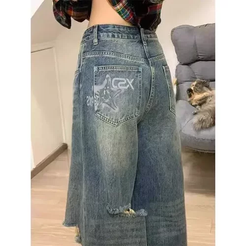 高腰复古牛仔裤阔腿显瘦宽松2025年春秋拖地裤女破洞新款直筒高街
