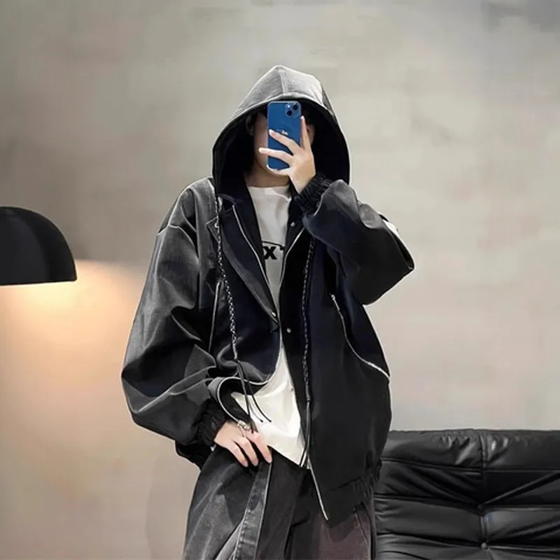 美式潮牌雾面pu连帽外套机车服情侣秋季皮衣痞帅男女款皮夹克潮牌