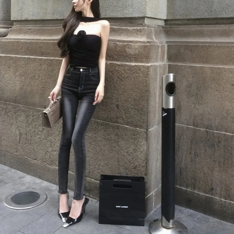 十三行小脚风巨女韩牛仔裤出没紧身的腿精黑灰色巨显瘦