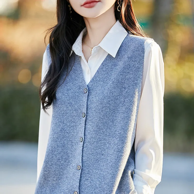 领纯色坎肩纯羊绒衫背心宽松无袖V马甲羊毛衫开衫上衣100%女毛衣