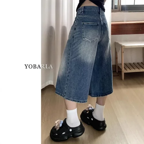 短裤子中裤大码显瘦女高街复古牛仔直筒阔腿美式七分高腰秋季宽松