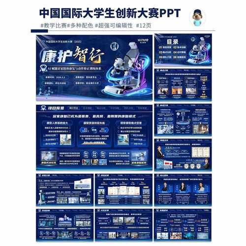 中国国际大学生创新大赛 康护智行 PPT模板 12页蓝色科技风，