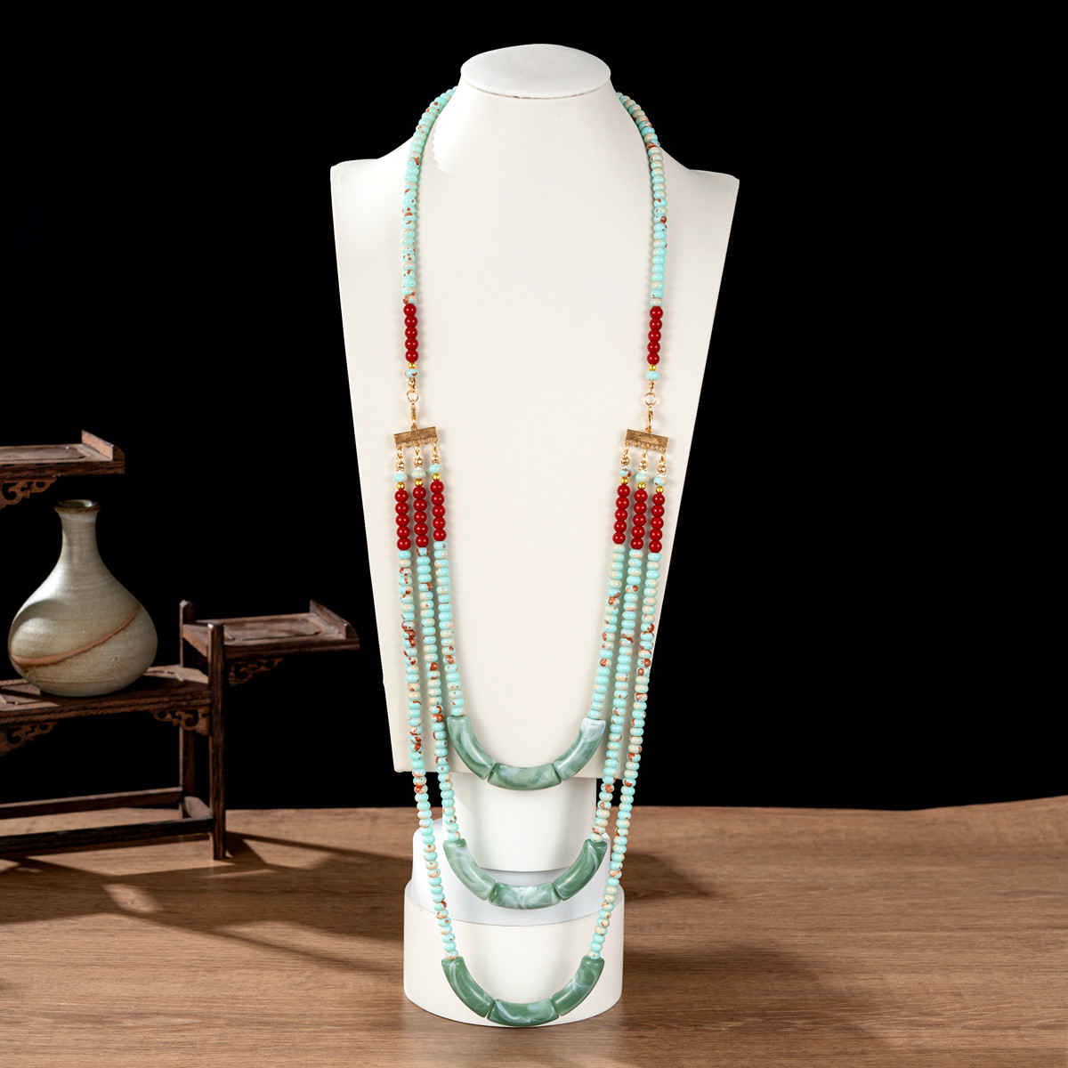 原创 仿寿山石算盘珠多层璎珞 战国袍清新精致小众配饰 百搭项链