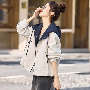 时尚 高级感减龄休闲小个子连帽冲锋衣 拼色风衣短外套女2026秋新款