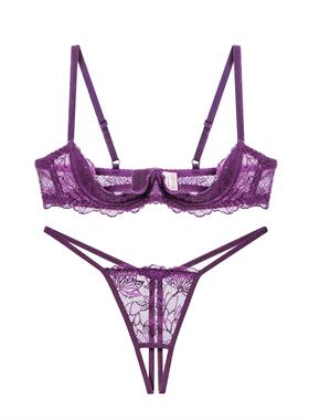 紫色显白！蕾丝性感四分之一罩杯小胸聚拢上托镂空三点式内衣套装