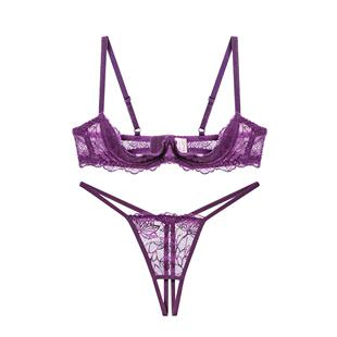 内衣套装 紫色显白 蕾丝性感四分之一罩杯小胸聚拢上托镂空三点式