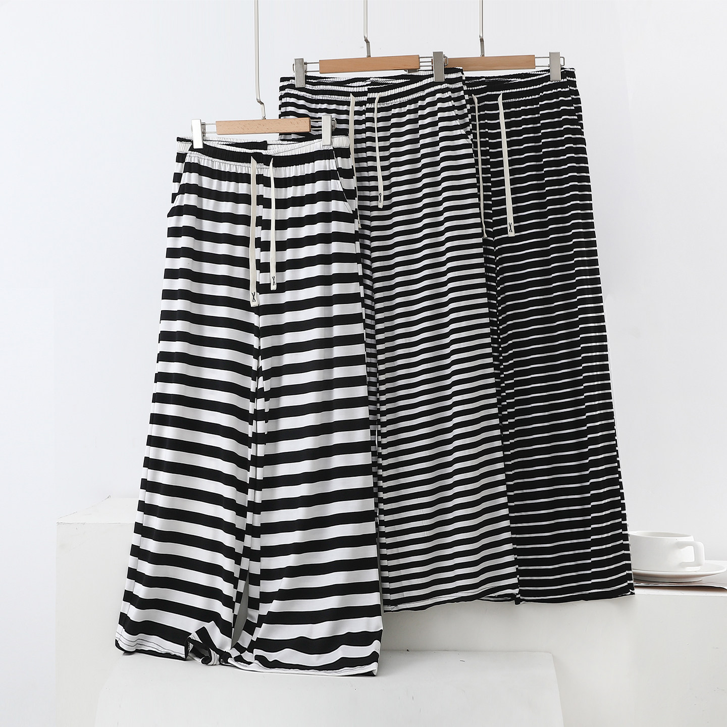 薄款莫代尔黑白条纹阔腿裤女士夏季显瘦直筒休闲裤外穿带口袋长裤