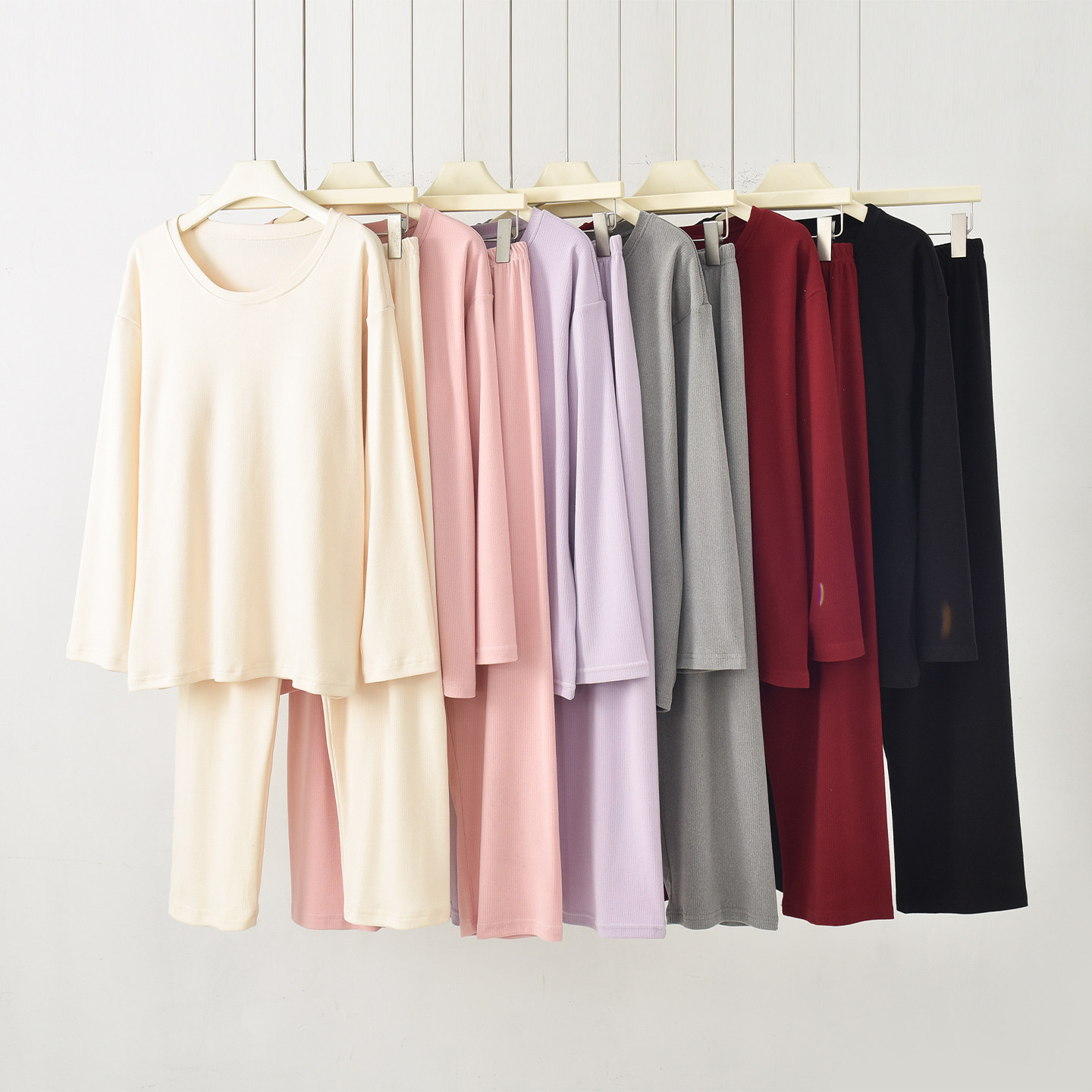 春季新款圆领长袖长裤家居服套装女大码内搭打底衫打底裤两件套薄