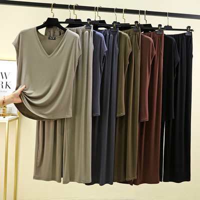 女夏季宽松薄款两件套睡衣可外穿莫代尔v领背心休闲裤家居服套装