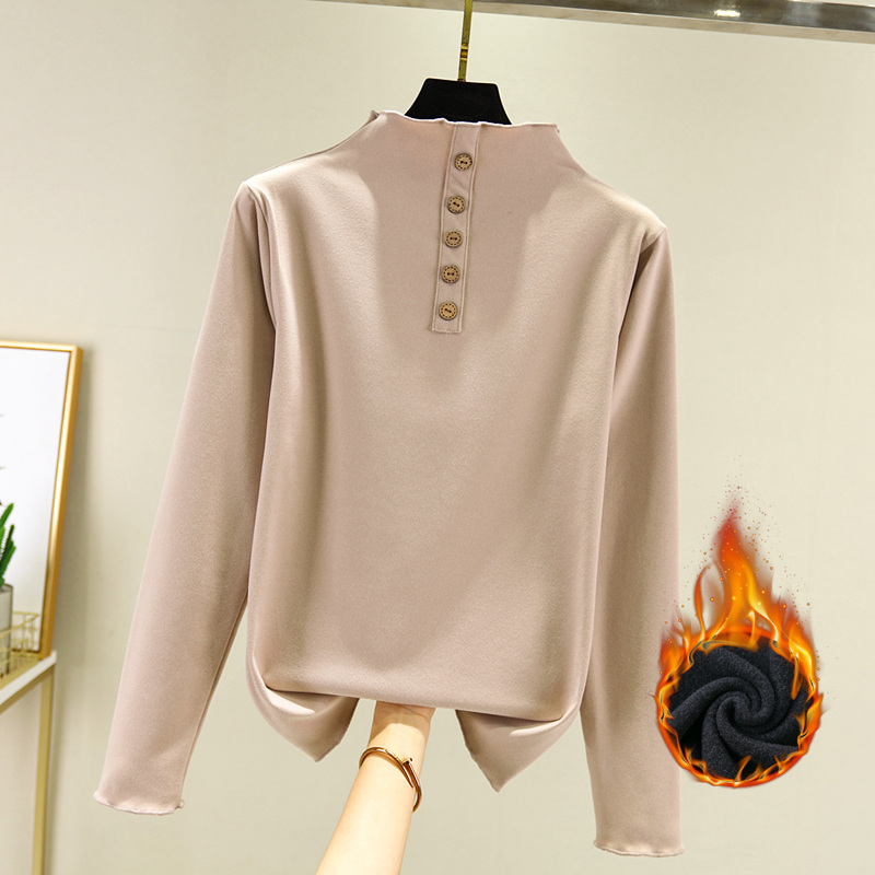 双面德绒半高领打底衫女士秋冬长袖T恤休闲内搭加绒加厚保暖上衣