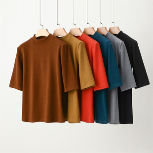 秋冬德绒半高领五分袖秋衣加绒加厚T恤女内搭中袖打底衫修身保暖