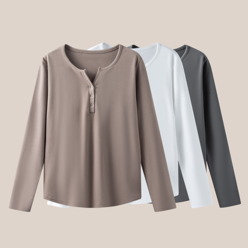 女秋冬德绒长袖T恤加绒加厚纽扣v领打底衫保暖内搭气质外穿上衣