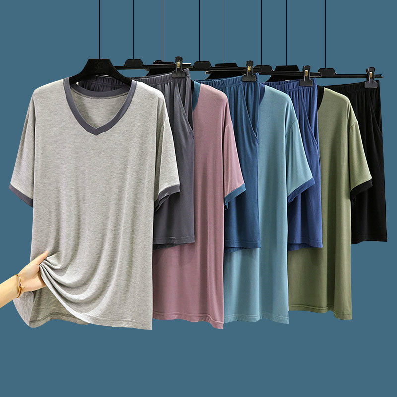 莫代尔男士睡衣夏季薄款宽松大码V领T恤短裤套装短袖家居服两件套