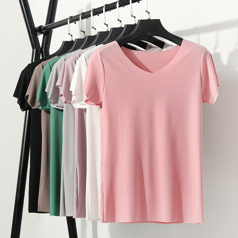 简约V领短袖T恤女莫代尔无痕内搭打底衫薄款上衣夏季修身显瘦半袖