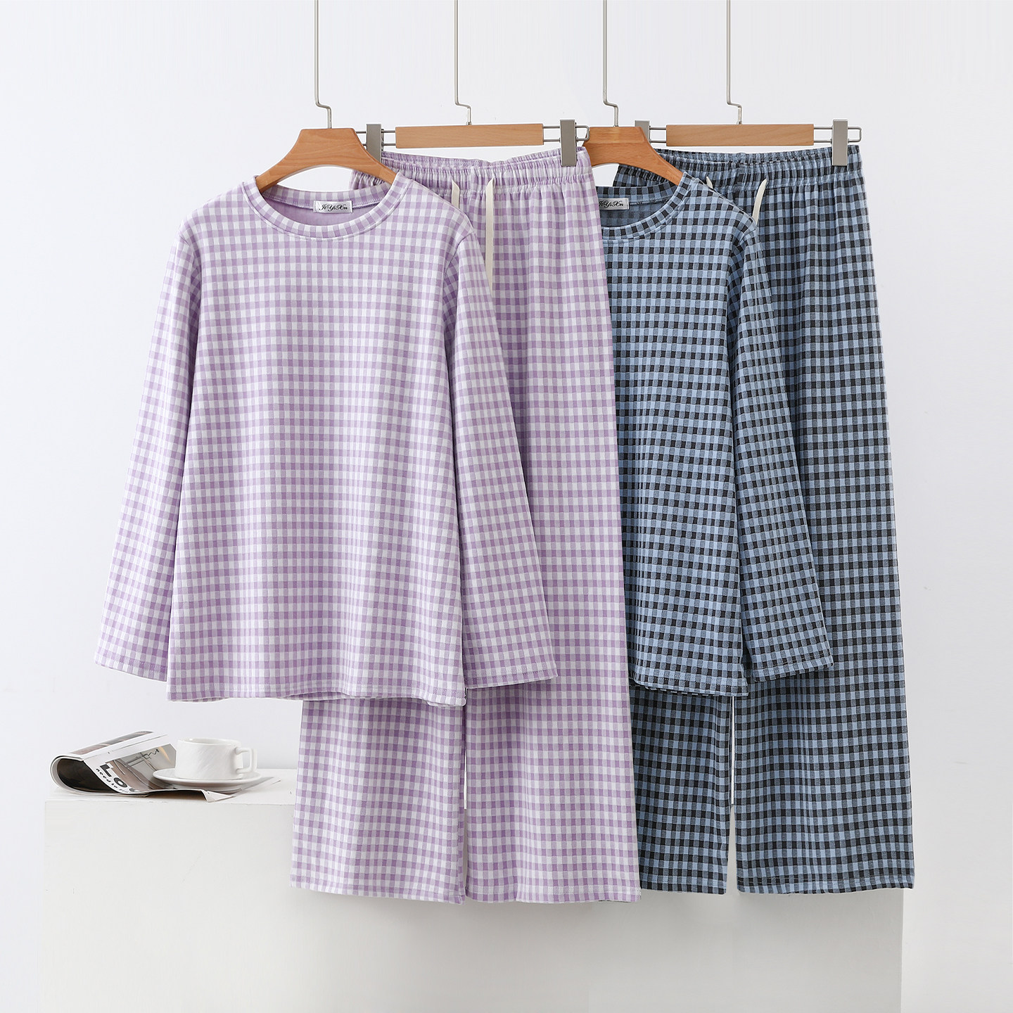 秋冬季格子衫阔腿裤德绒方格套装女家居服加绒加厚长袖长裤两件套