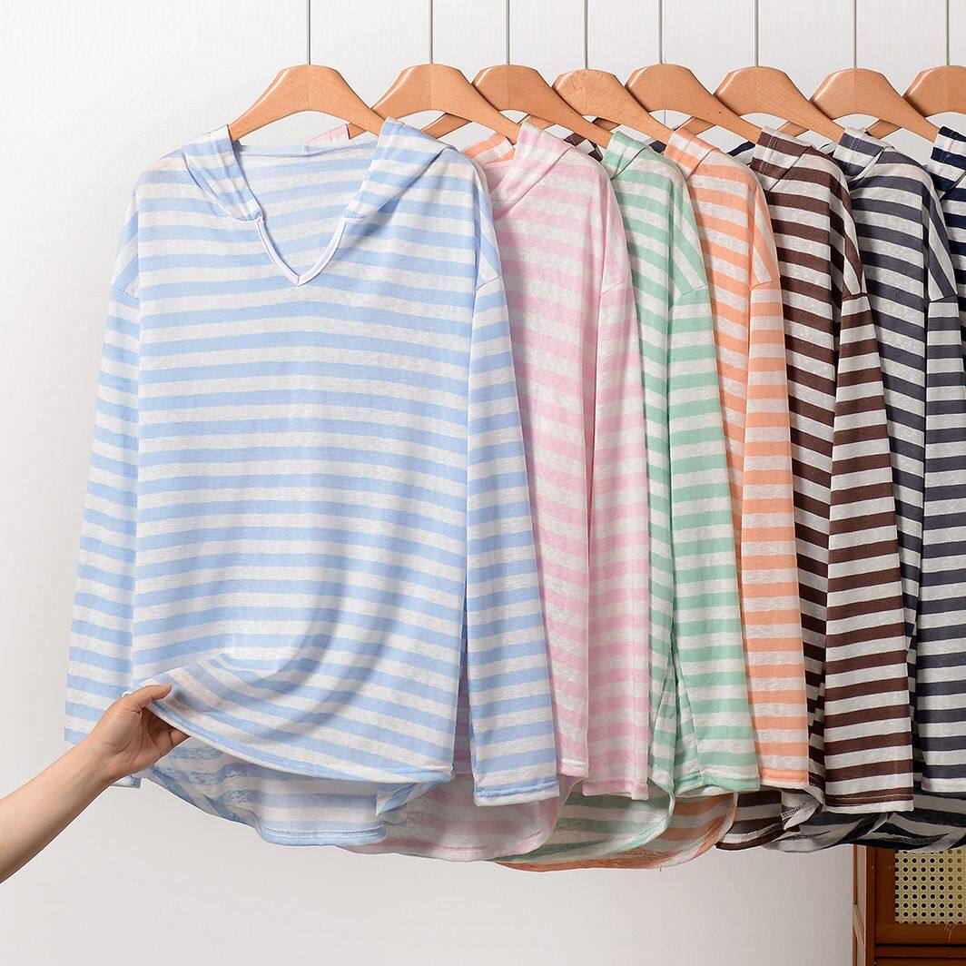 条纹空调服防晒服女夏薄款外穿长袖连帽T恤大码宽松显瘦打底上衣