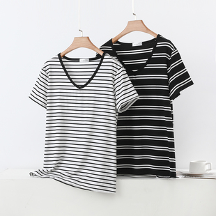 莫代尔黑白条纹V领短袖T恤女夏新款内搭半袖打底衫大码上衣薄款