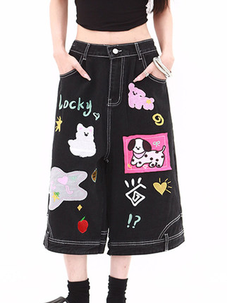 American-Style Fun Cartoon Patchwork Embroidered Denim Capri Pants Summer Loose New Straight-Leg Slimming Shorts