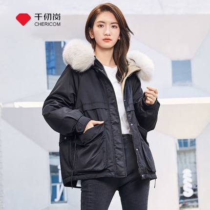 千仞岗冬季派克工装短款大毛领连帽加绒加厚羽绒服女Y279250Y