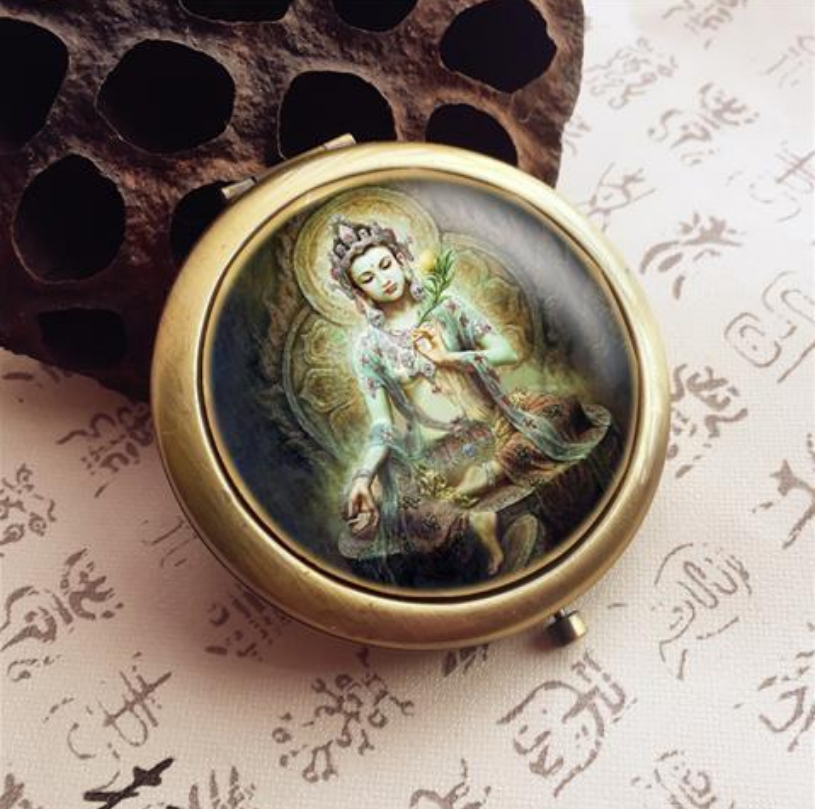 绿度母佛像铜镜心咒唐卡便携随身镜折叠化妆镜小镜子
