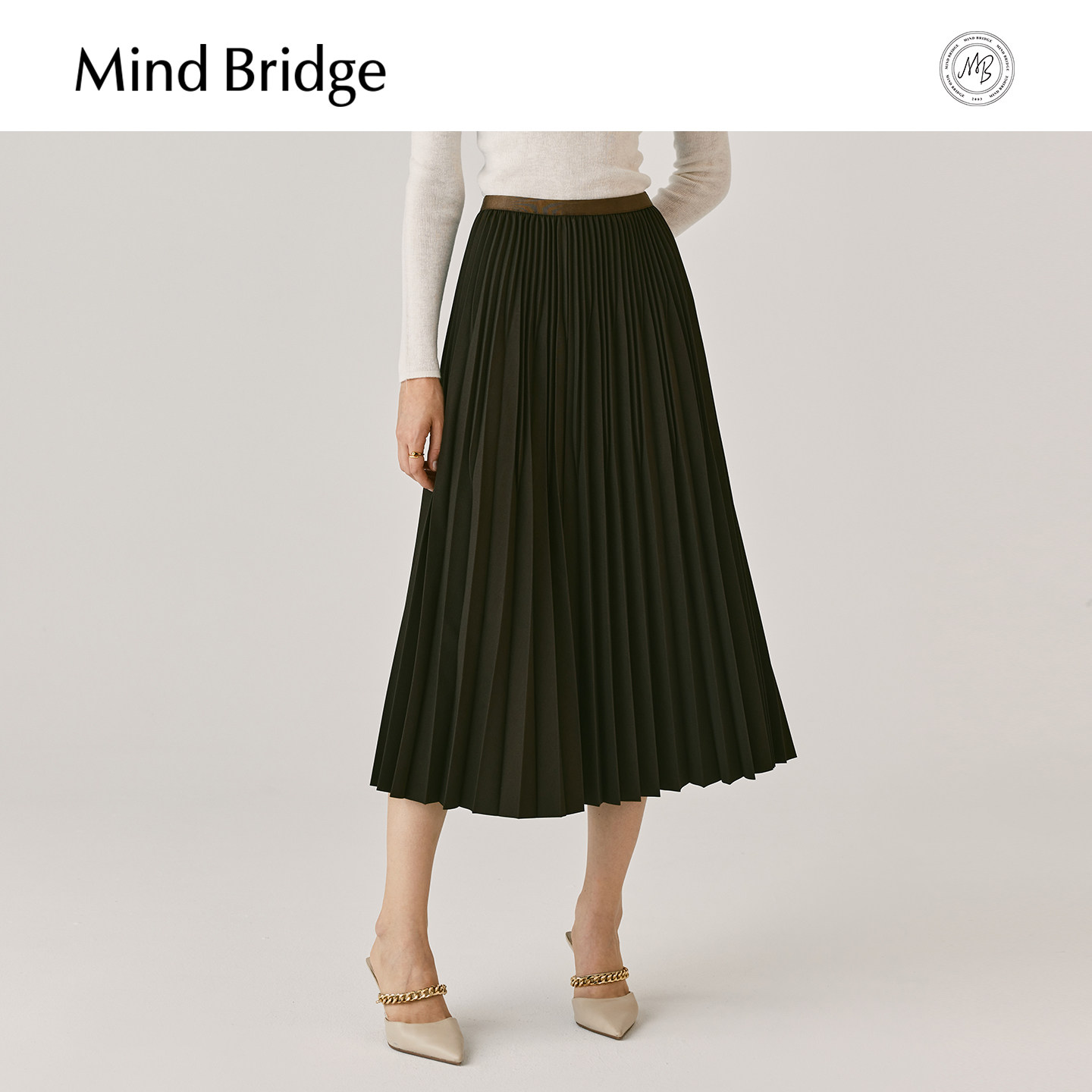 Mind Bridge2026年春季百褶裙女士垂感显瘦中长款裙子