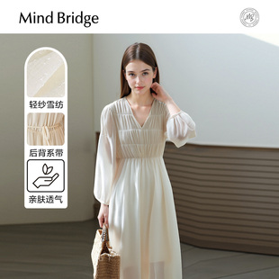 Mind 裙子 茶歇中長裙2025秋V領(lǐng)連衣裙設(shè)計感泡泡袖 Bridge女士法式