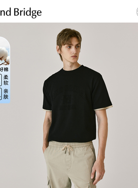 MB MindBridge百家好男士黑色短袖韩版设计感T恤夏季圆领刺绣上衣