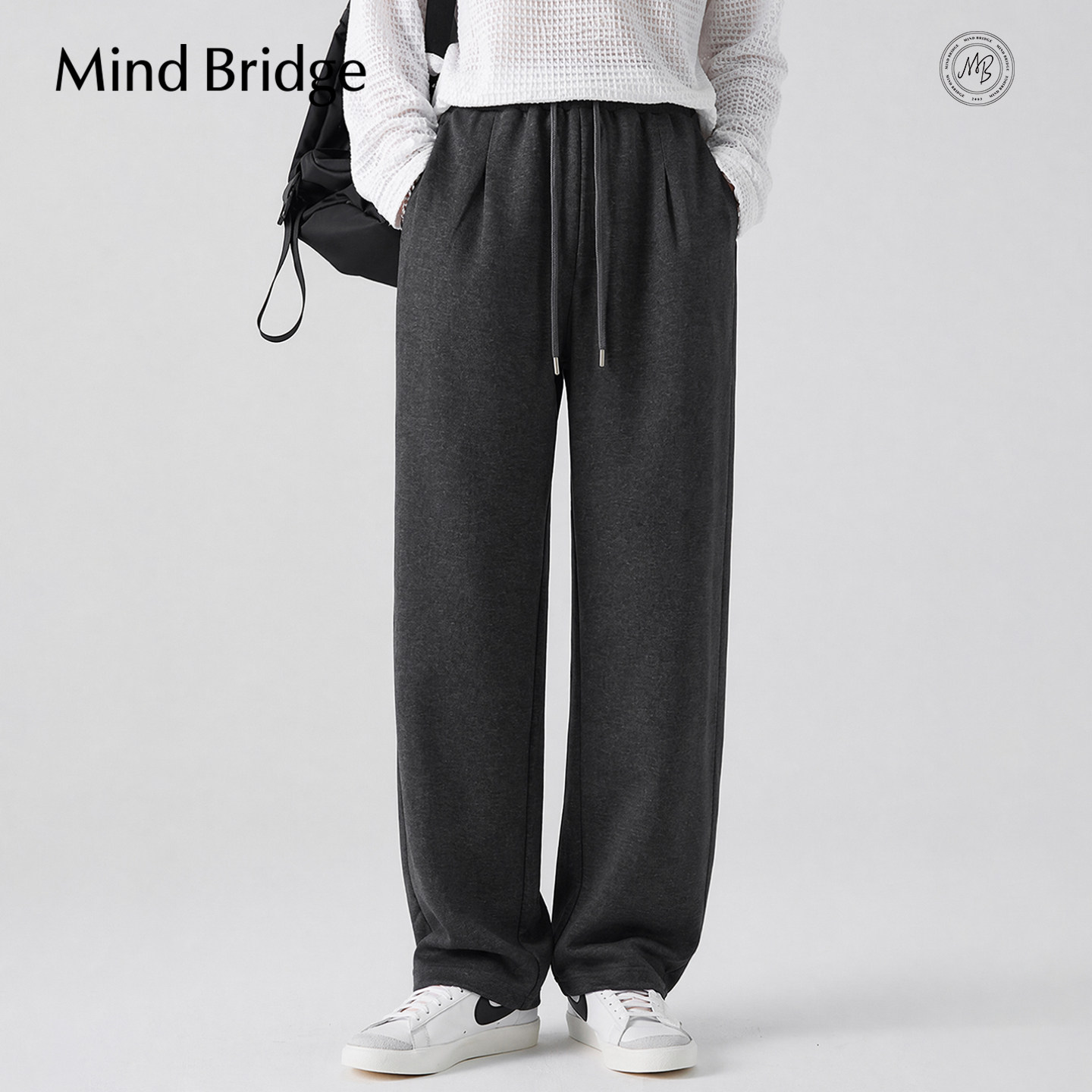 Mind Bridge2026年秋季纯色百搭休闲裤男士宽松直筒卫裤抽绳裤子