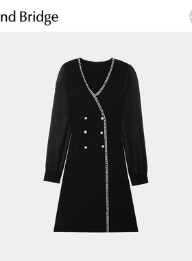 MB MindBridge女士泡泡袖收腰连衣裙秋季长袖赫本风小黑裙V领裙子