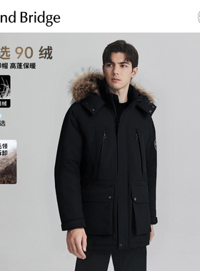 MindBridge男士纯色宽松休闲羽绒服2025年冬貉子毛领中长款派克服