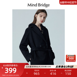 MindBridge 女士中长款羊毛大衣冬季新款黑色双面呢子外套