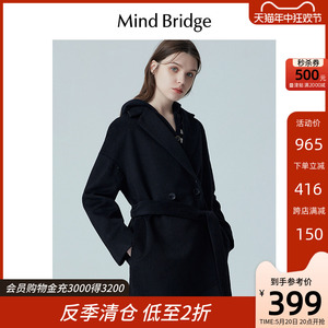 MindBridge 女士中长款羊毛大衣冬季新款黑色双面呢子外套