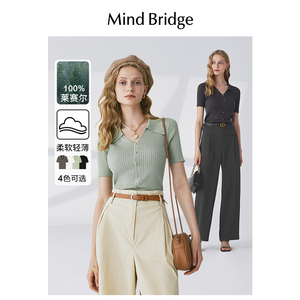 MindBridge百家好V领通勤针织短袖上衣T恤夏季莱赛尔Polo衫女装