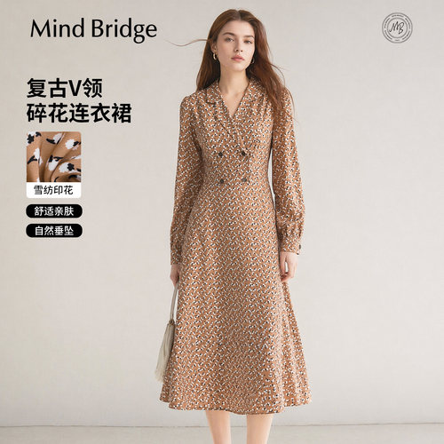 MindBridge雪纺长袖印花连衣裙
