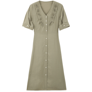 MB MindBridge百家好夏季法式复古优雅连衣裙女士V领收腰短袖裙子