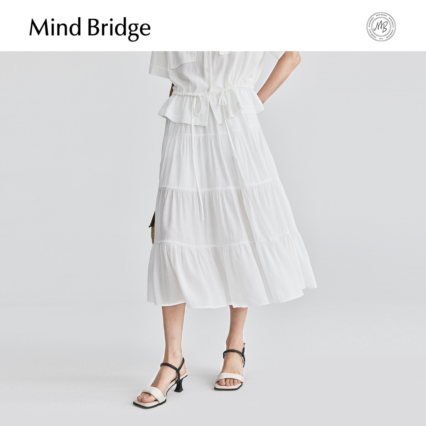 MB MindBridge夏季芭蕾风半身裙女士中长款裙子白色高腰