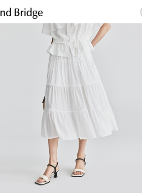 MB MindBridge夏季芭蕾风半身裙女士中长款裙子白色高腰显瘦A字裙