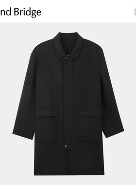 Mind Bridge男士中长款黑色羊毛大衣2025年冬季韩系呢子外套