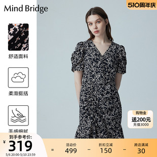 泡泡袖 MindBridge百家好女士法式 V领碎花连衣裙夏季 显瘦裙子